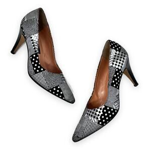 Vtg Phyllis Poland 3" Heel Pumps Womens 7.5 B Leather Black/White Op Art